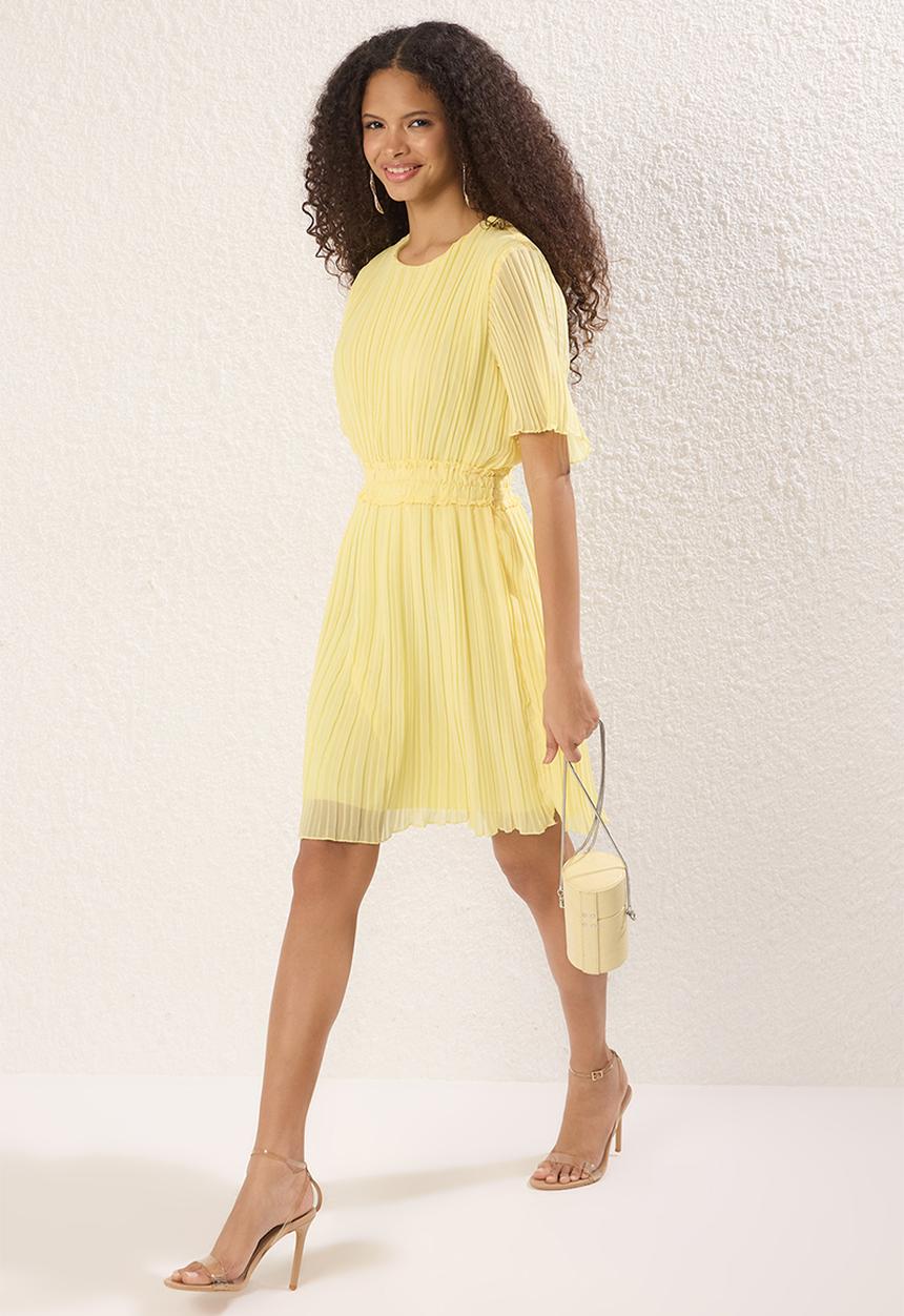 Trendyol - Pleated Lined Chiffon Woven Mini Dress - Yellow