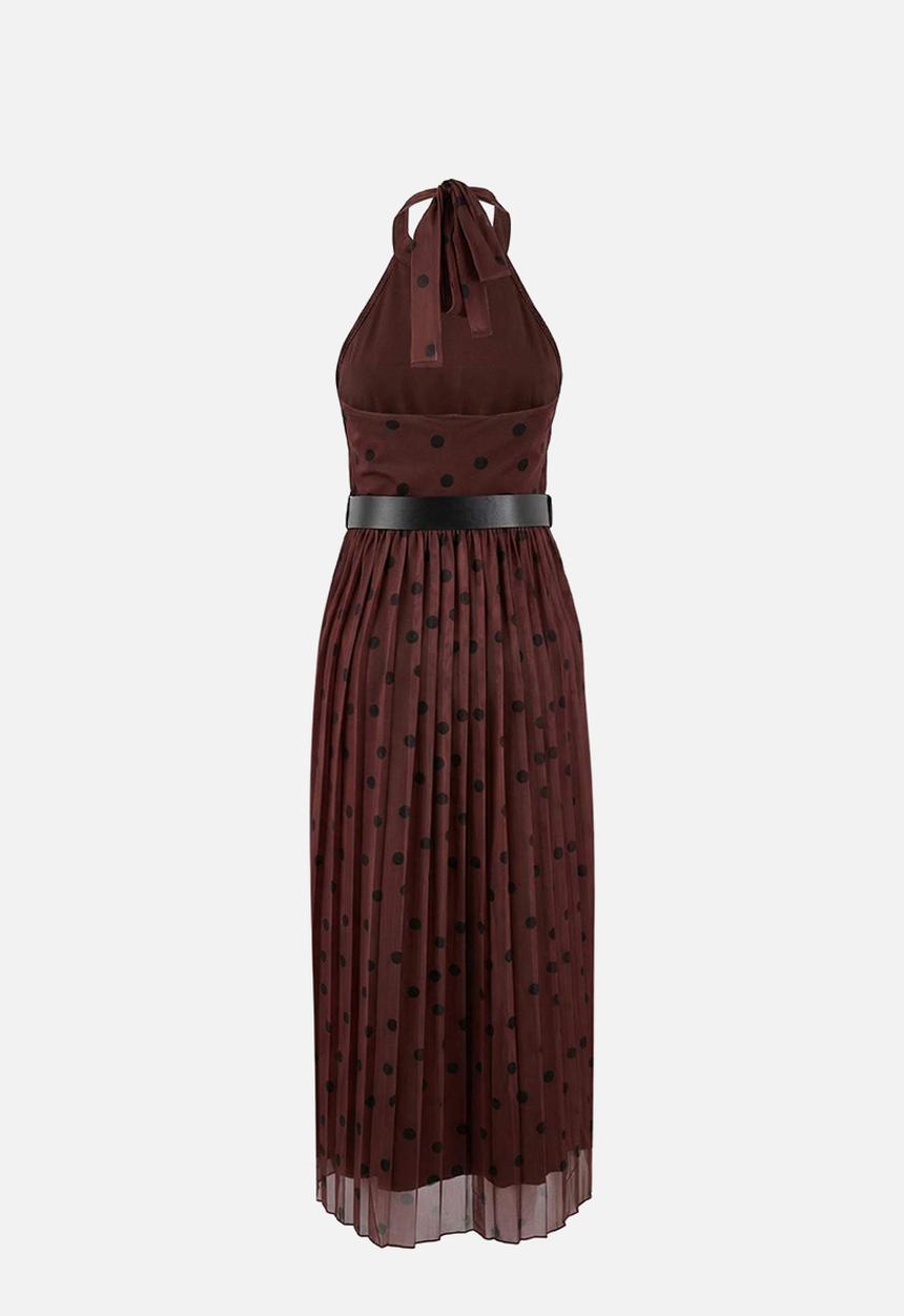 Trendyol - Polka Dot Waist Cutout Halter Neck Pleated Maxi Tulle Knitted Dress - Brown