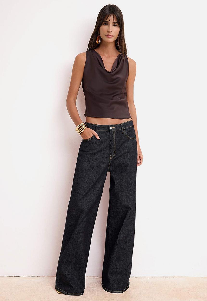 Trendyol - Straight Collar Sleeveless Satin Blouse - Dark Brown