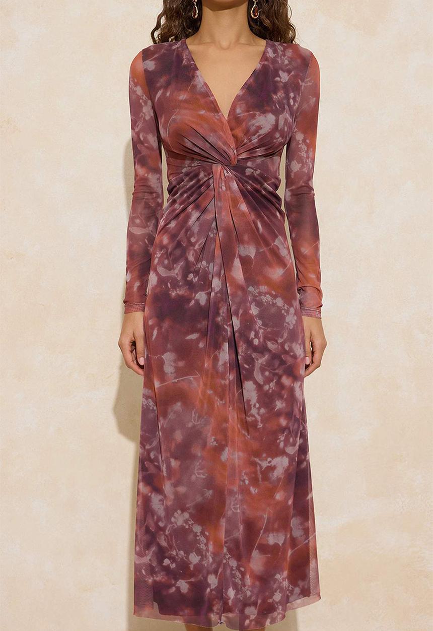 Trendyol - Abstract Floral Pattern Lined Tulle Maxi Dress - Multi-Colored