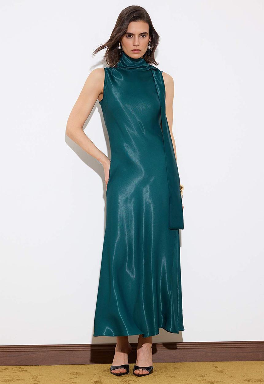 Trendyol - Plain Woven Satin Midi Evening Dress - Emerald Green