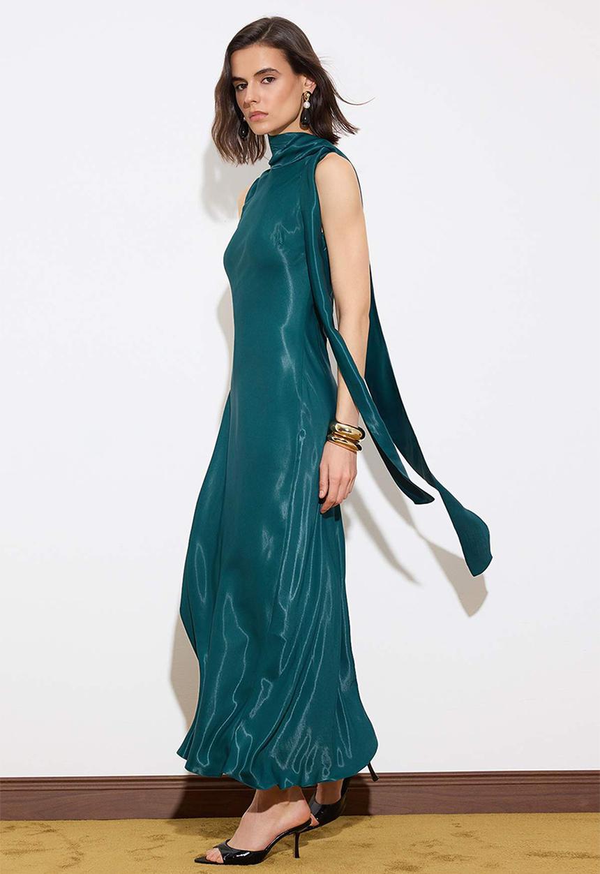 Trendyol - Plain Woven Satin Midi Evening Dress - Emerald Green