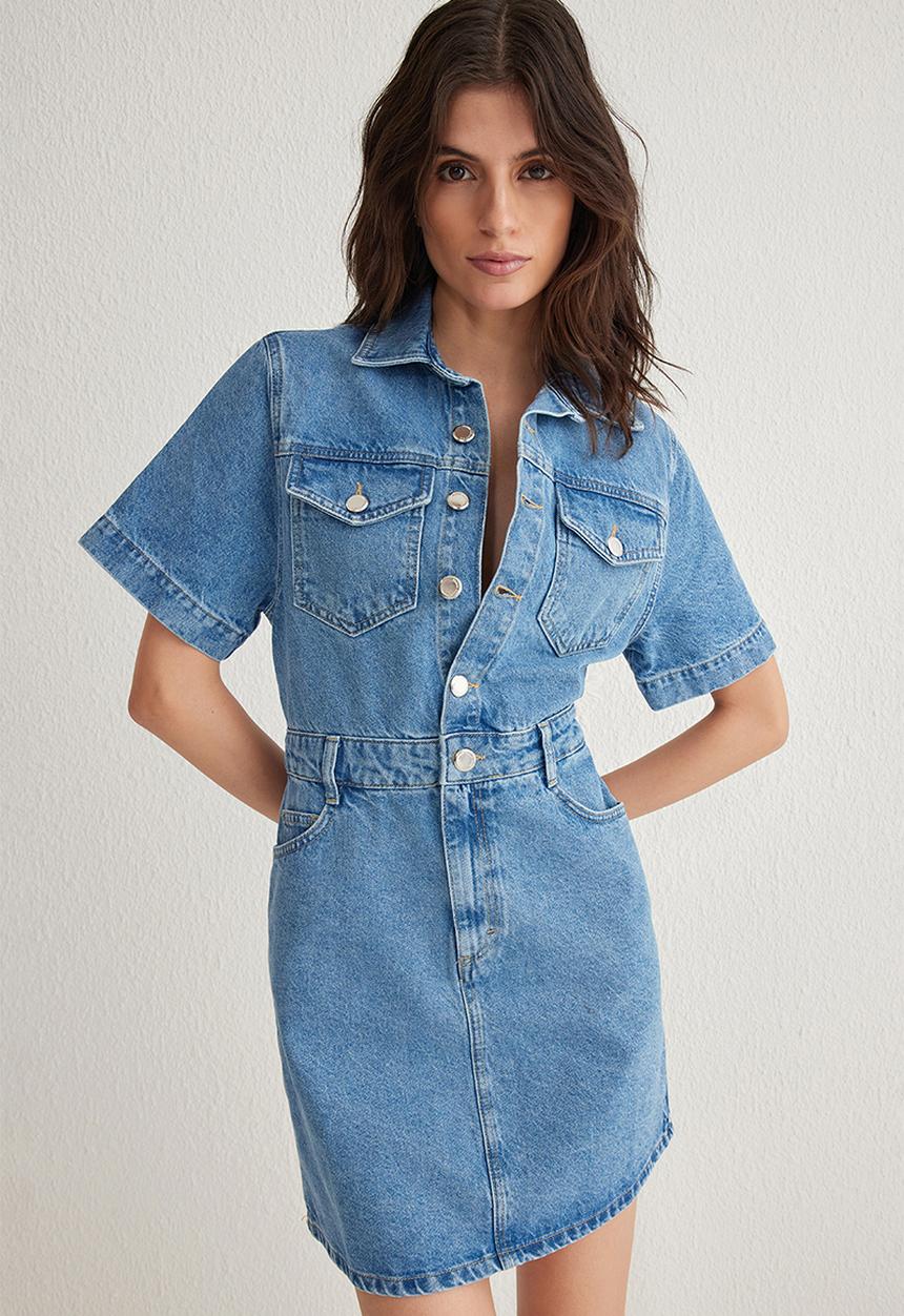 Trendyol - Pocket Detail Short Sleeve Mini Denim Shirt Dress - Blue