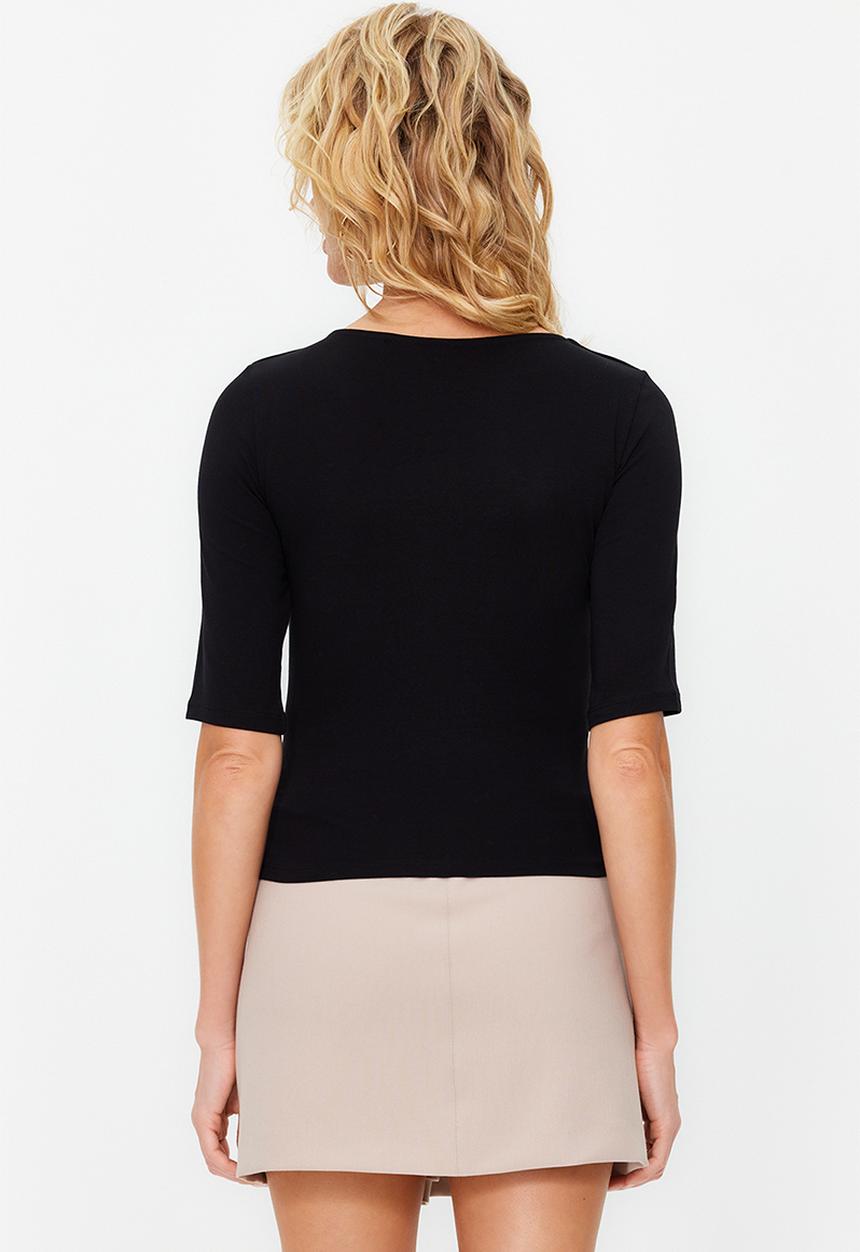 Trendyol - Fitted Short Sleeve Knitted Blouse - Black