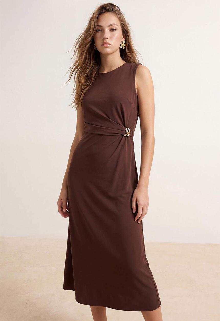 Trendyol - Straight Body Wrap Midi Woven Dress with Accessory Detail - Brown