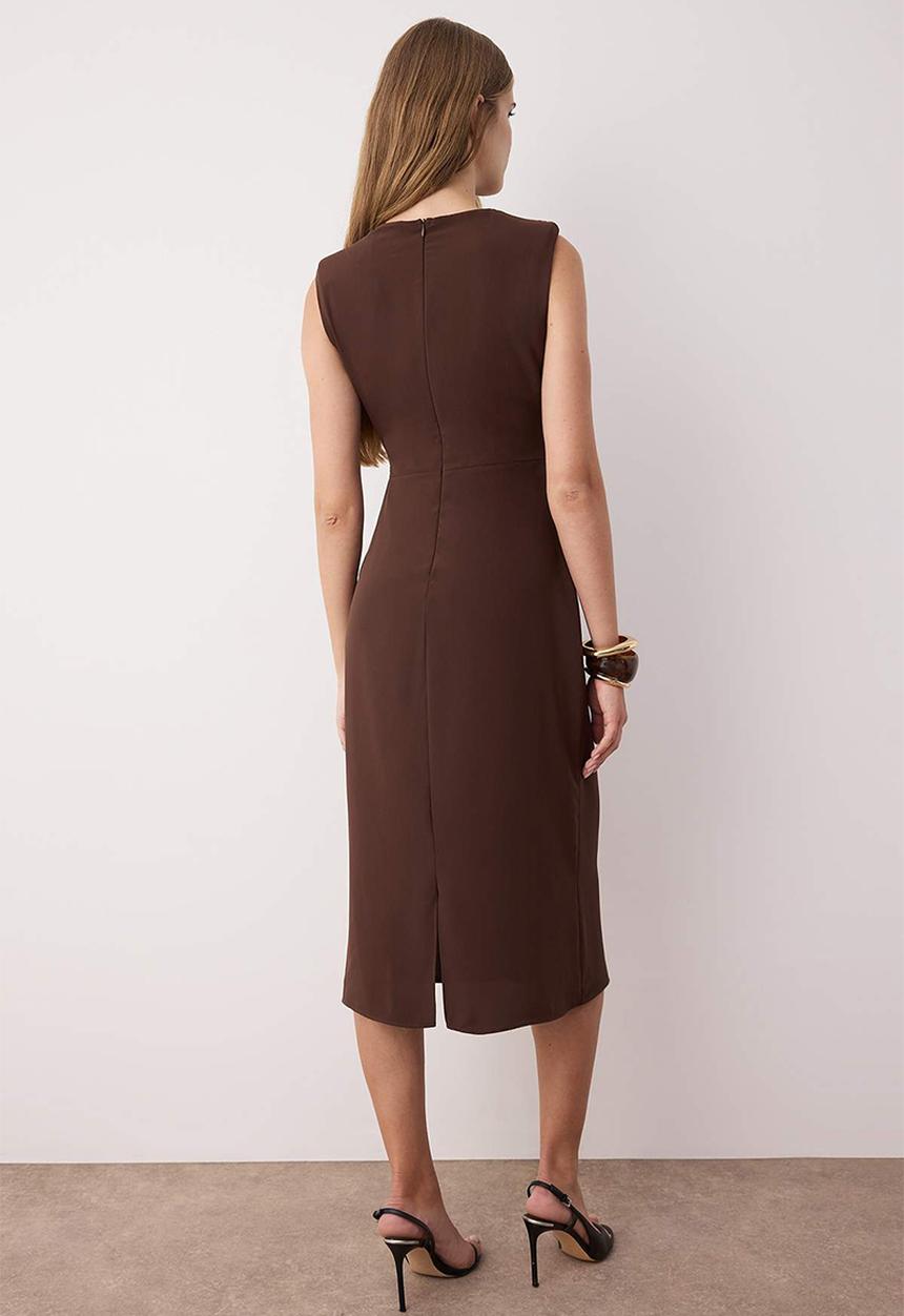 Trendyol - Straight Body Wrap Midi Woven Dress with Accessory Detail - Brown