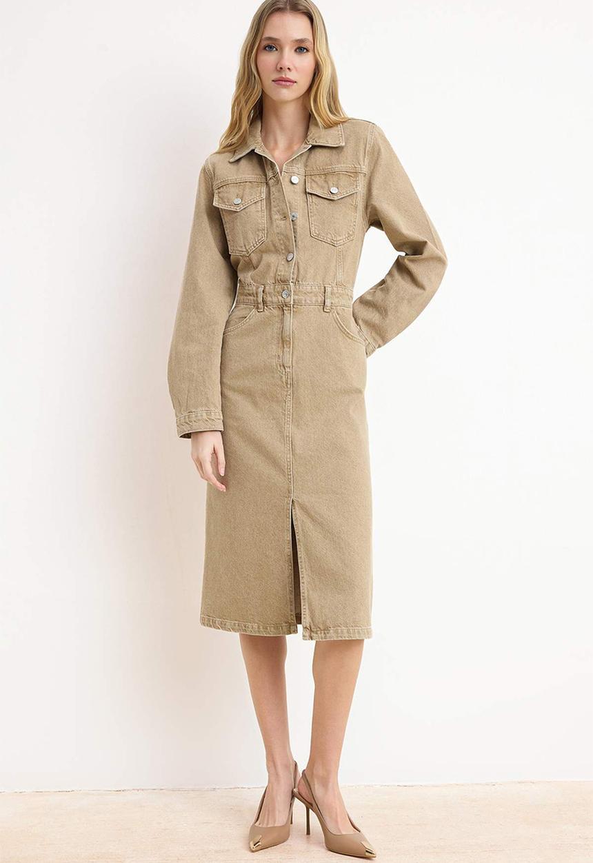 Trendyol - Shirt Collar Maxi Denim Dress - Beige