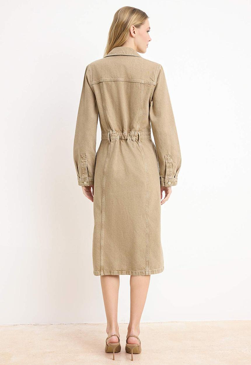 Trendyol - Shirt Collar Maxi Denim Dress - Beige