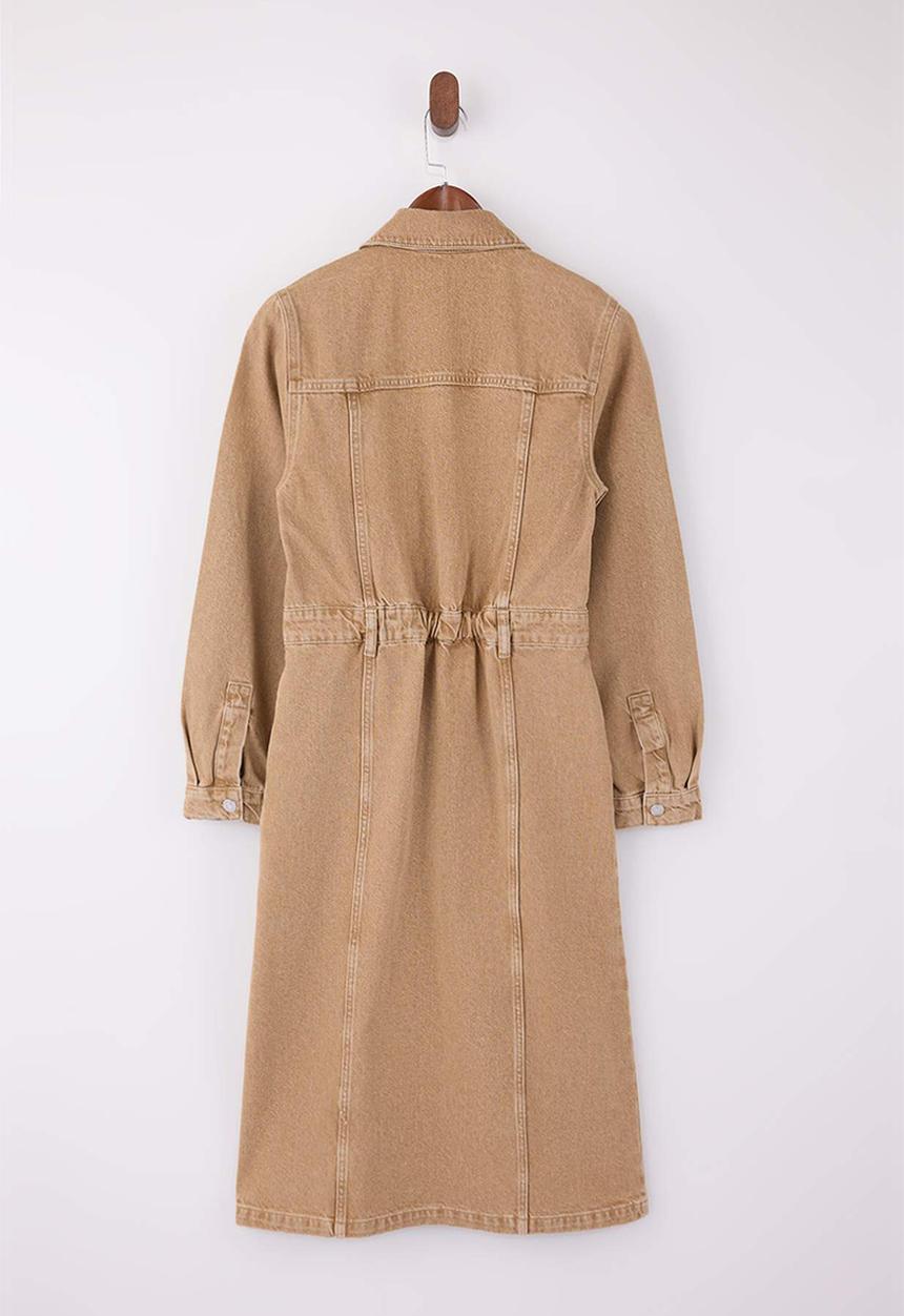 Trendyol - Shirt Collar Maxi Denim Dress - Beige
