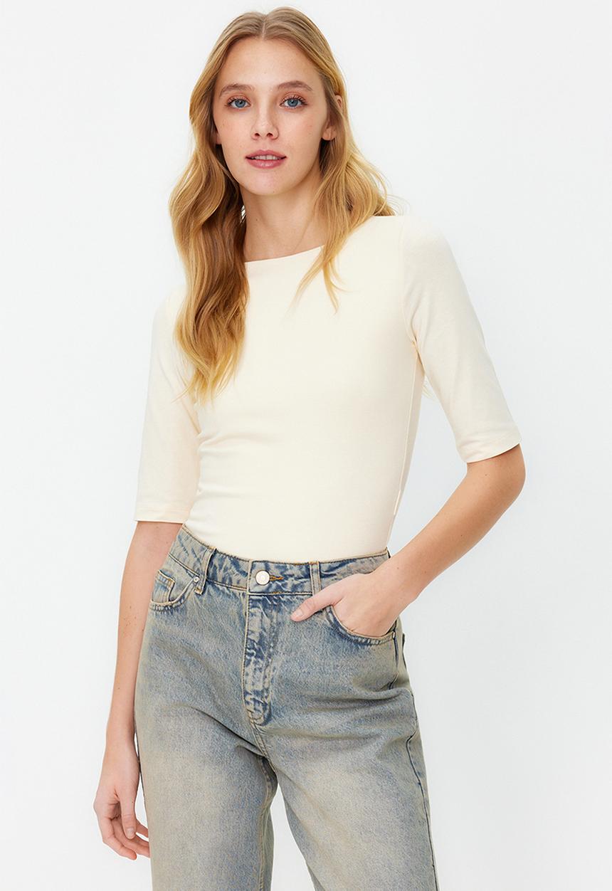 Trendyol - Fitted Short Sleeve Blouse - Stone