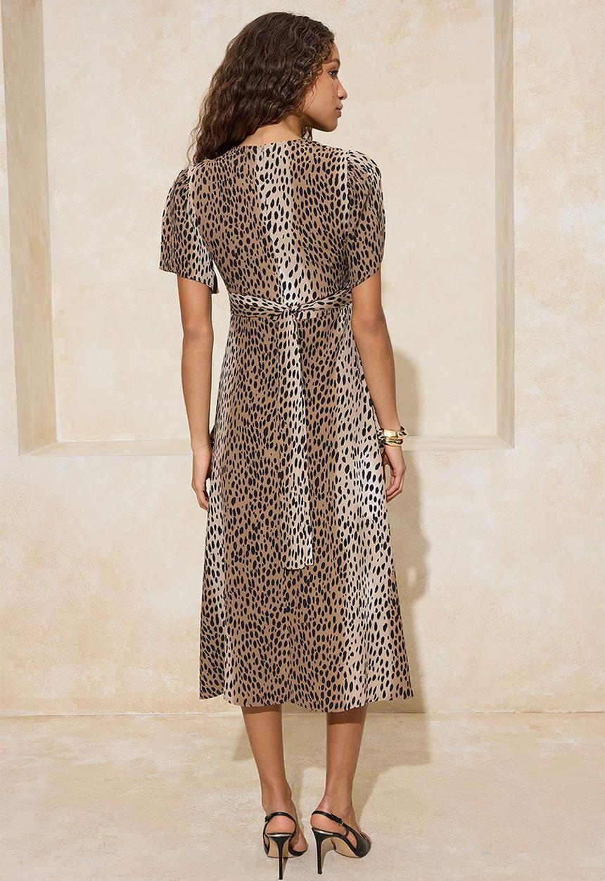 Trendyol - Animal Pattern Ruffle and Tie Detail Midi Woven Dress - brown