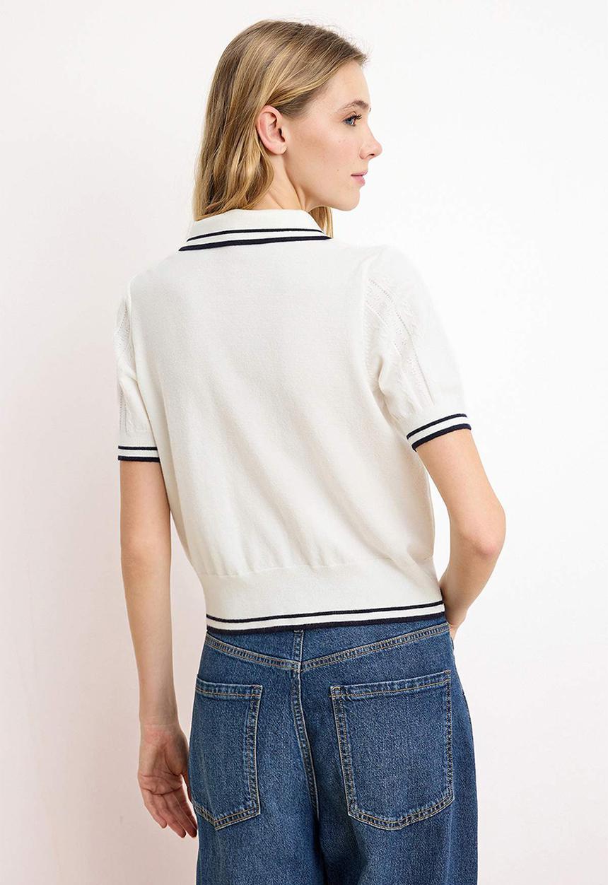 Trendyol - Polo Collar Buttoned Short Sleeve Knitwear - Ecru