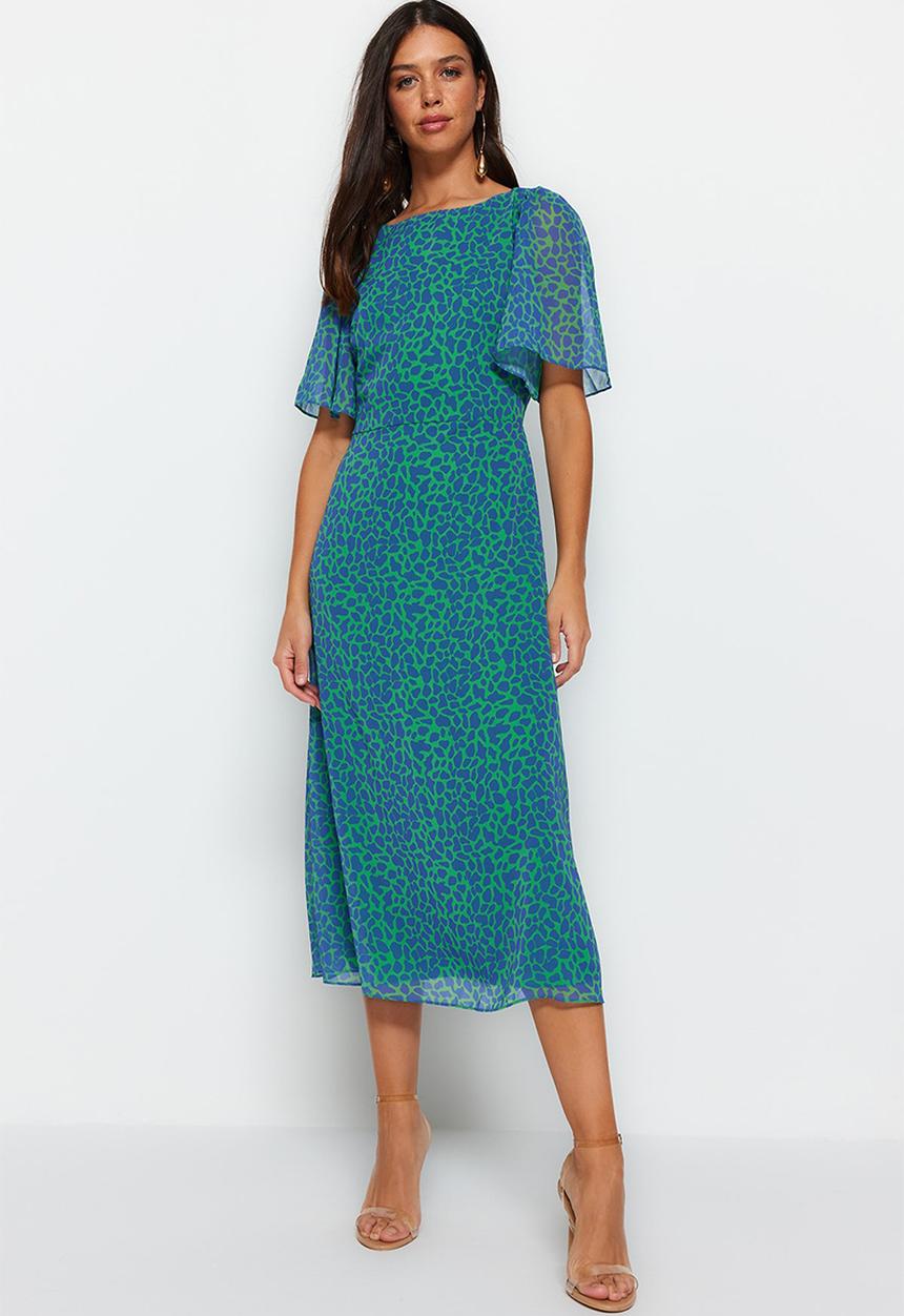 Trendyol - Animal Print A-Line Woven Midi Dress - Green