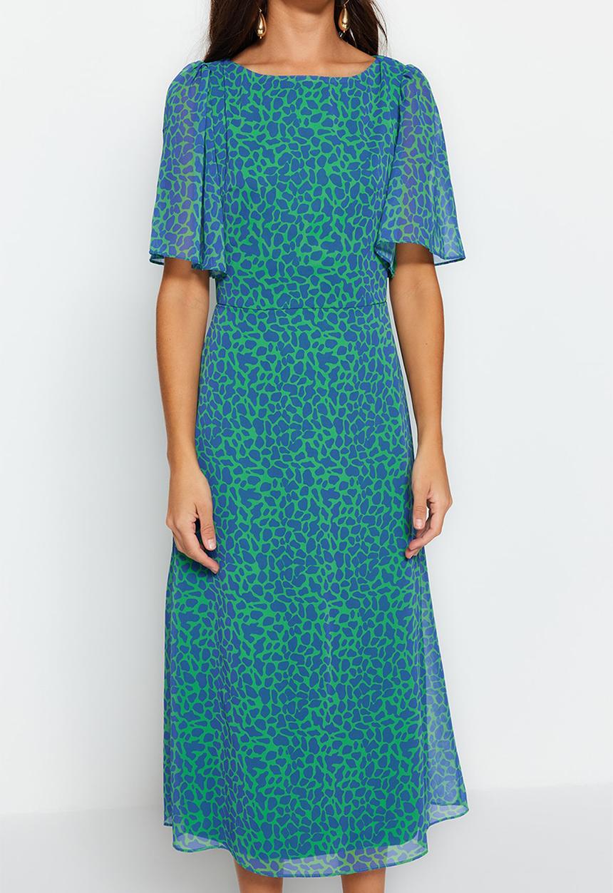 Trendyol - Animal Print A-Line Woven Midi Dress - Green