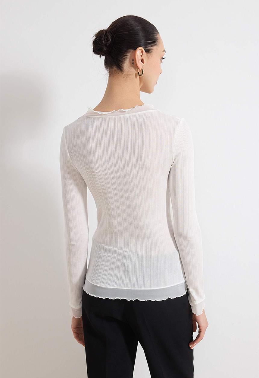 Trendyol - Fitted Bodycon Long Sleeve Ruffled Textured Knitted Blouse - Ecru