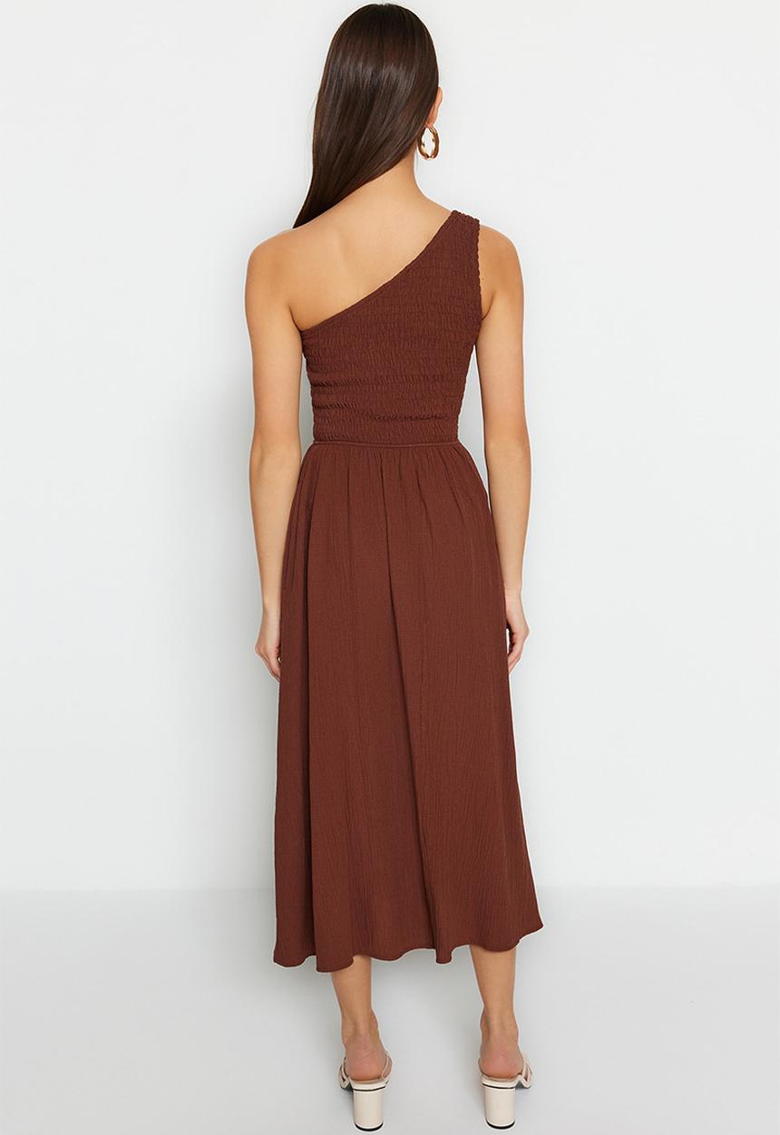 Trendyol - Waist Opening One Shoulder Midi Woven Dress - Brown
