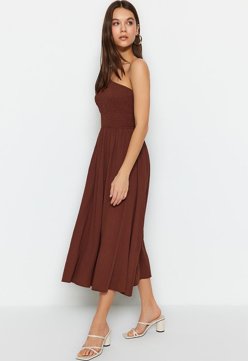 Trendyol - Waist Opening One Shoulder Midi Woven Dress - Brown