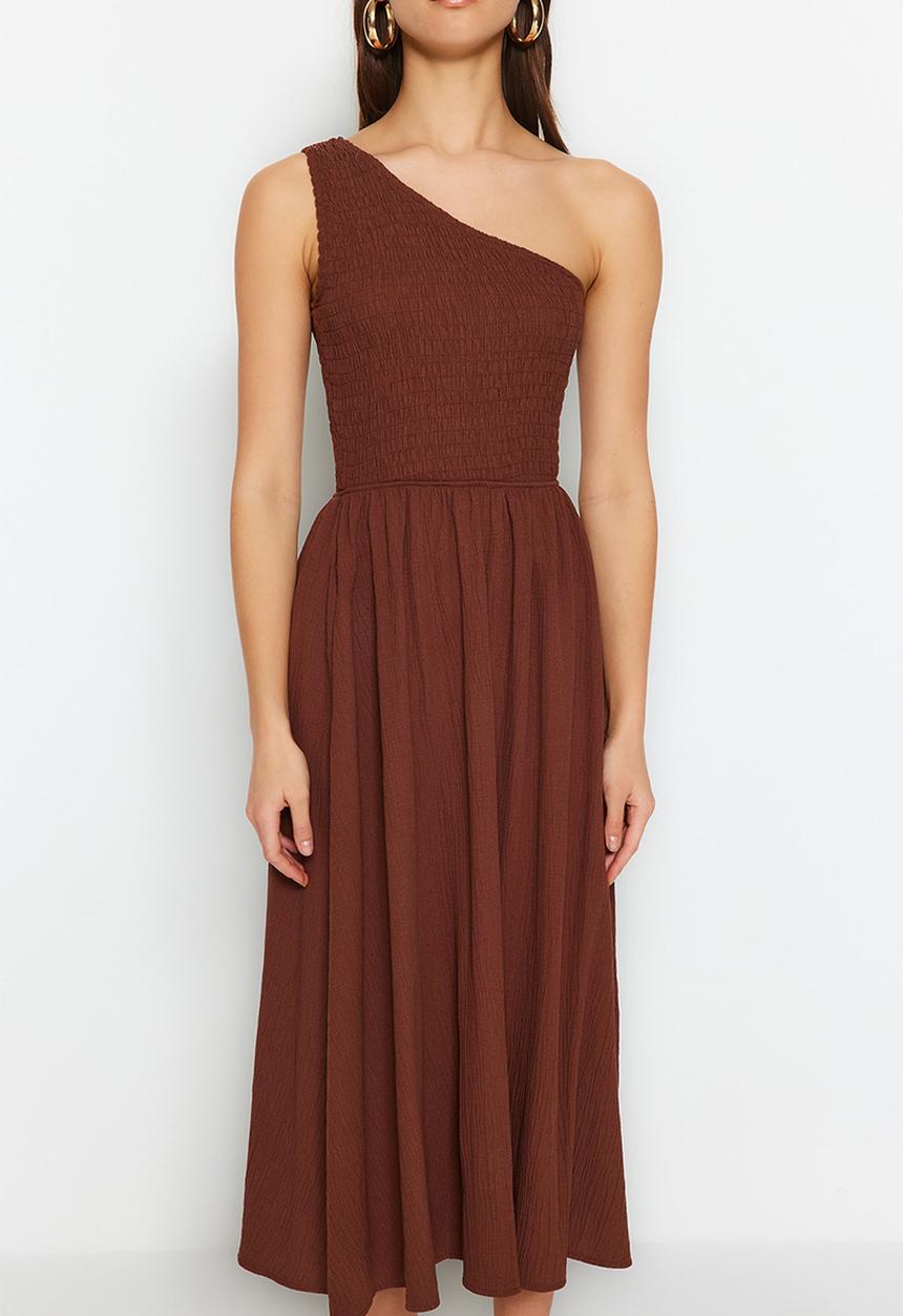 Trendyol - Waist Opening One Shoulder Midi Woven Dress - Brown