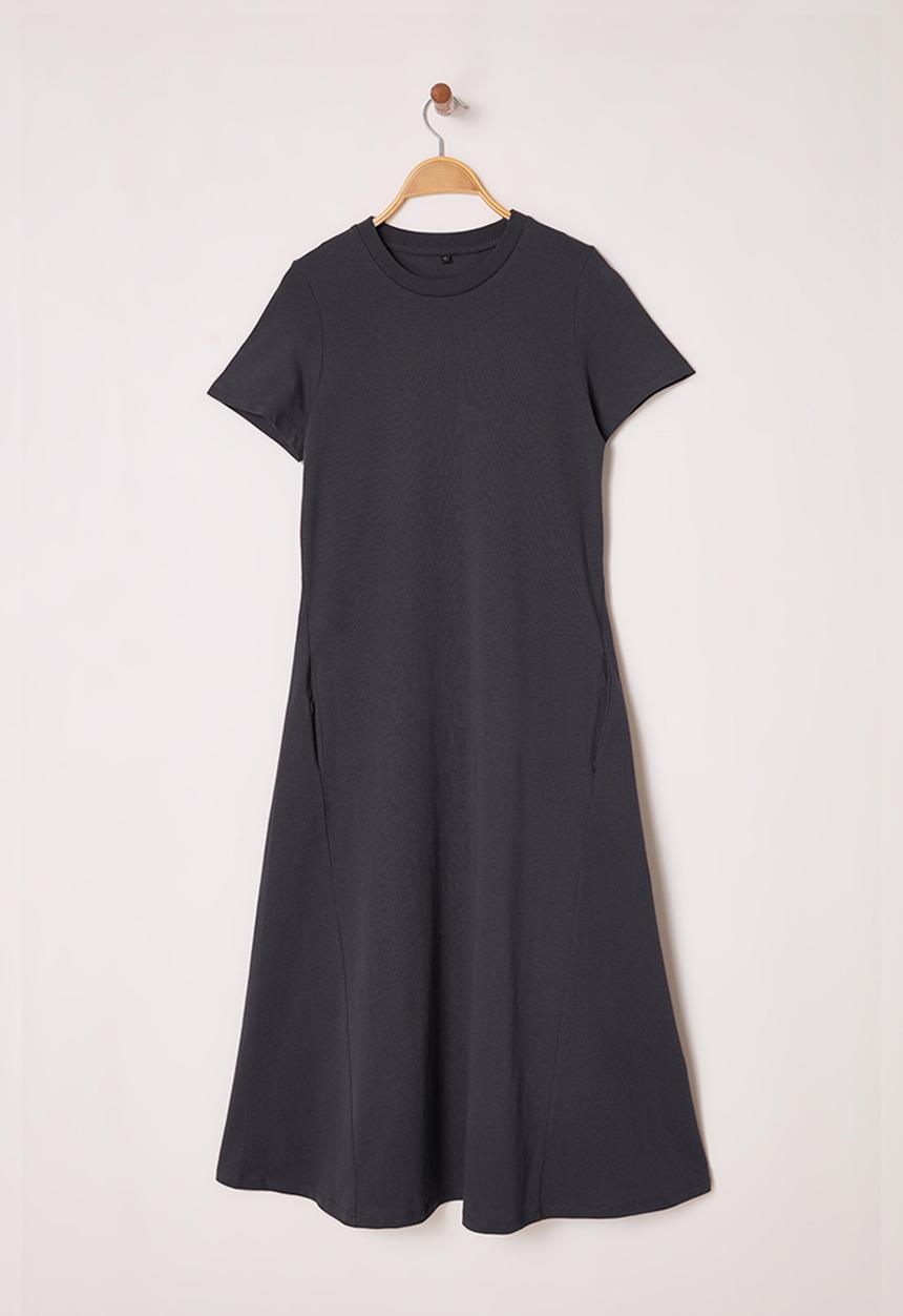 Trendyol - Plain T-Shirt Dress Pocket Midi Knitted Dress - Anthracite