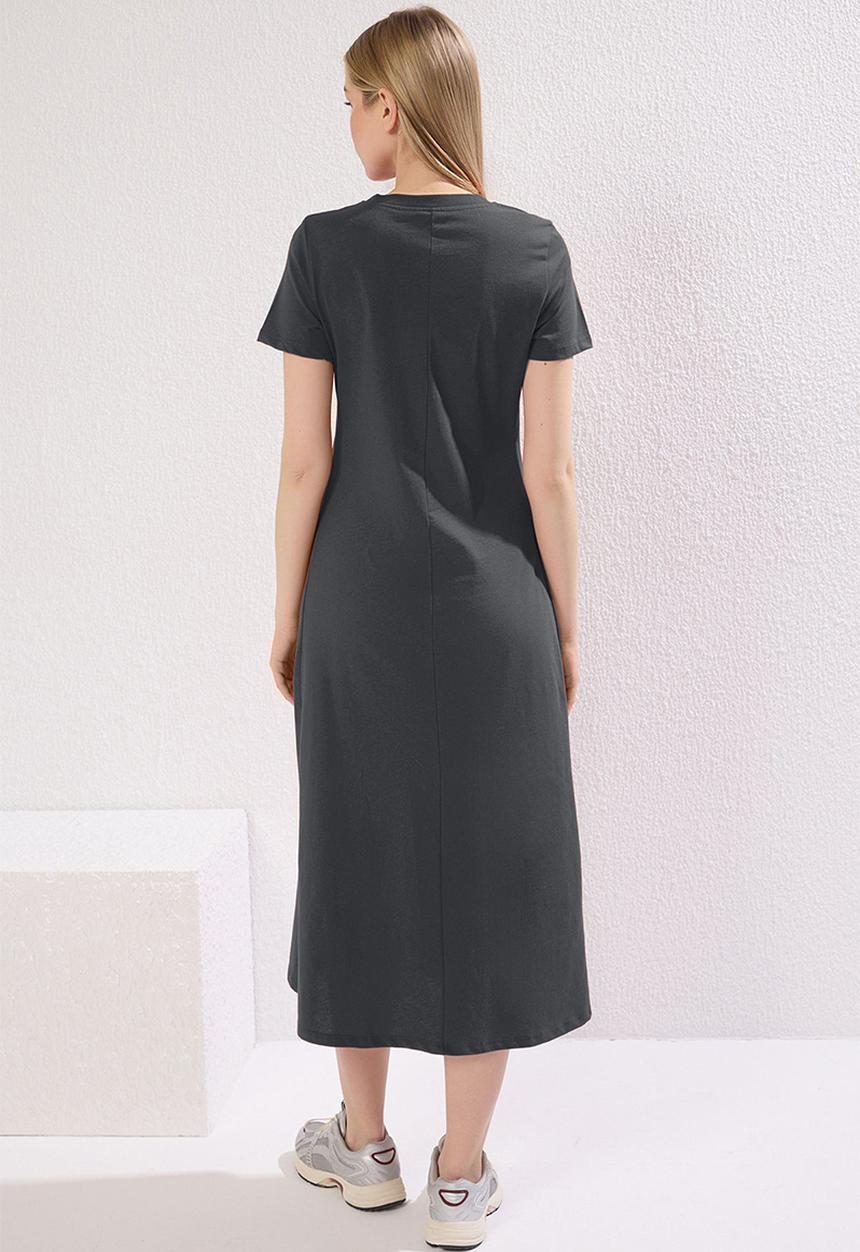 Trendyol - Plain T-Shirt Dress Pocket Midi Knitted Dress - Anthracite