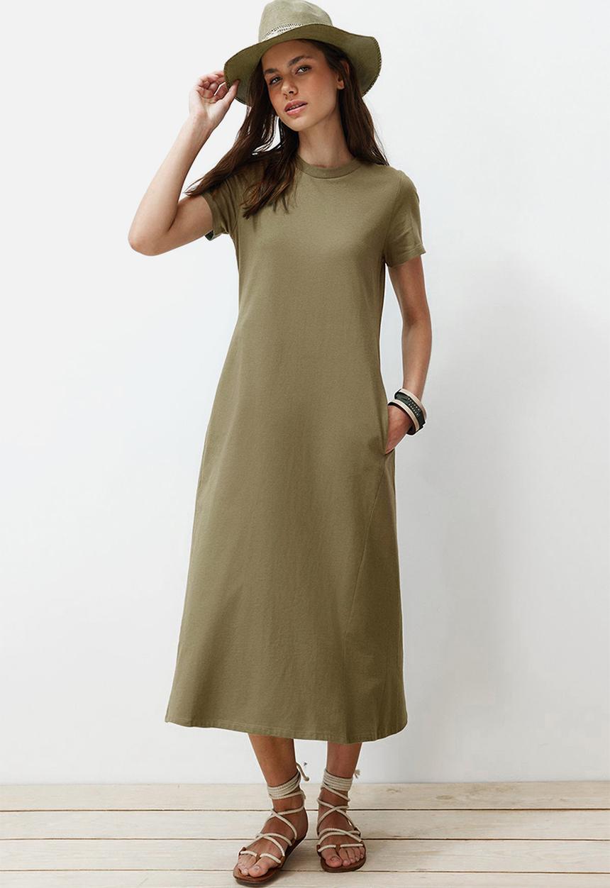 Trendyol - Pocketed A-Line Knitted Midi Dress - Khaki