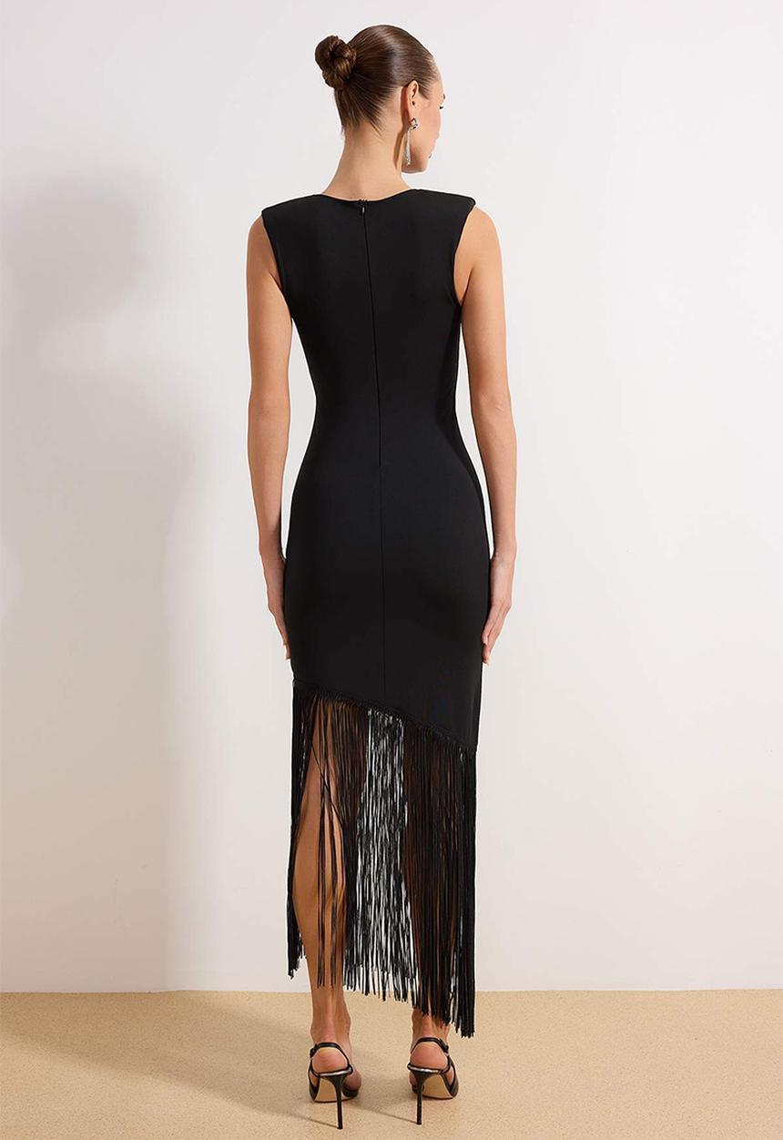 Trendyol - Tassel Detailed Knitted Evening Dress - Black