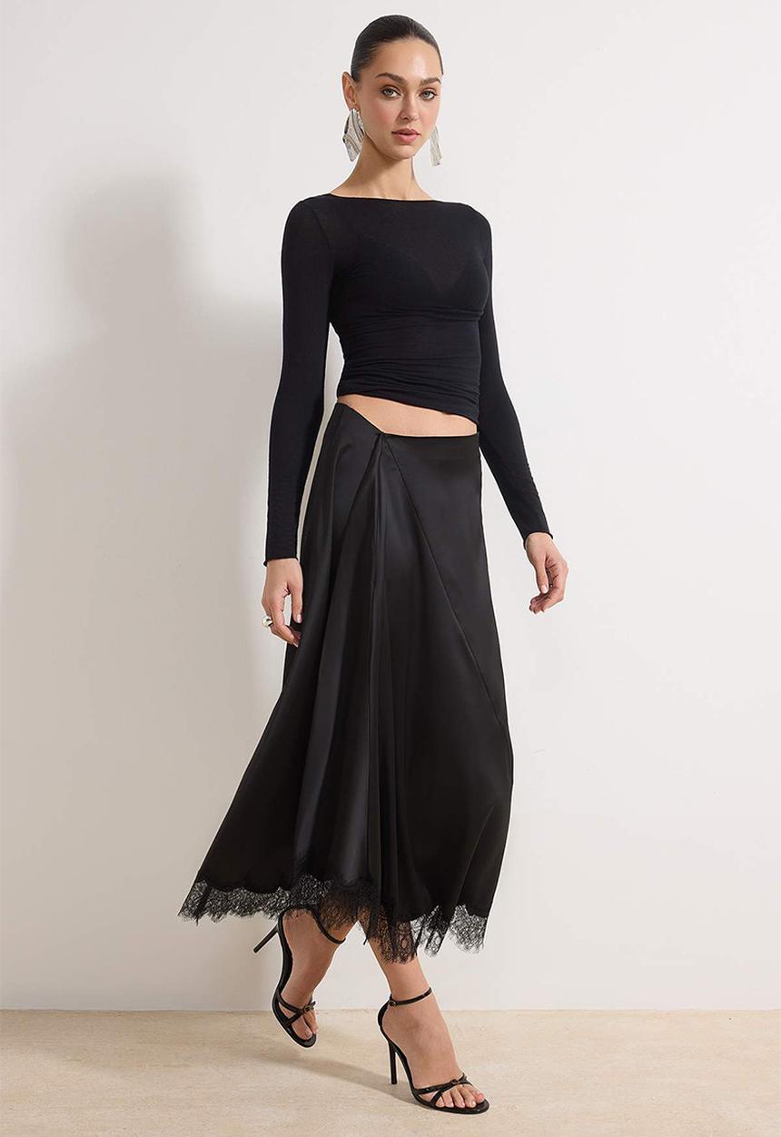 Trendyol - Lace Panel Satin Skirt - Black