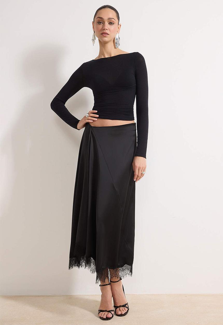 Trendyol - Lace Panel Satin Skirt - Black