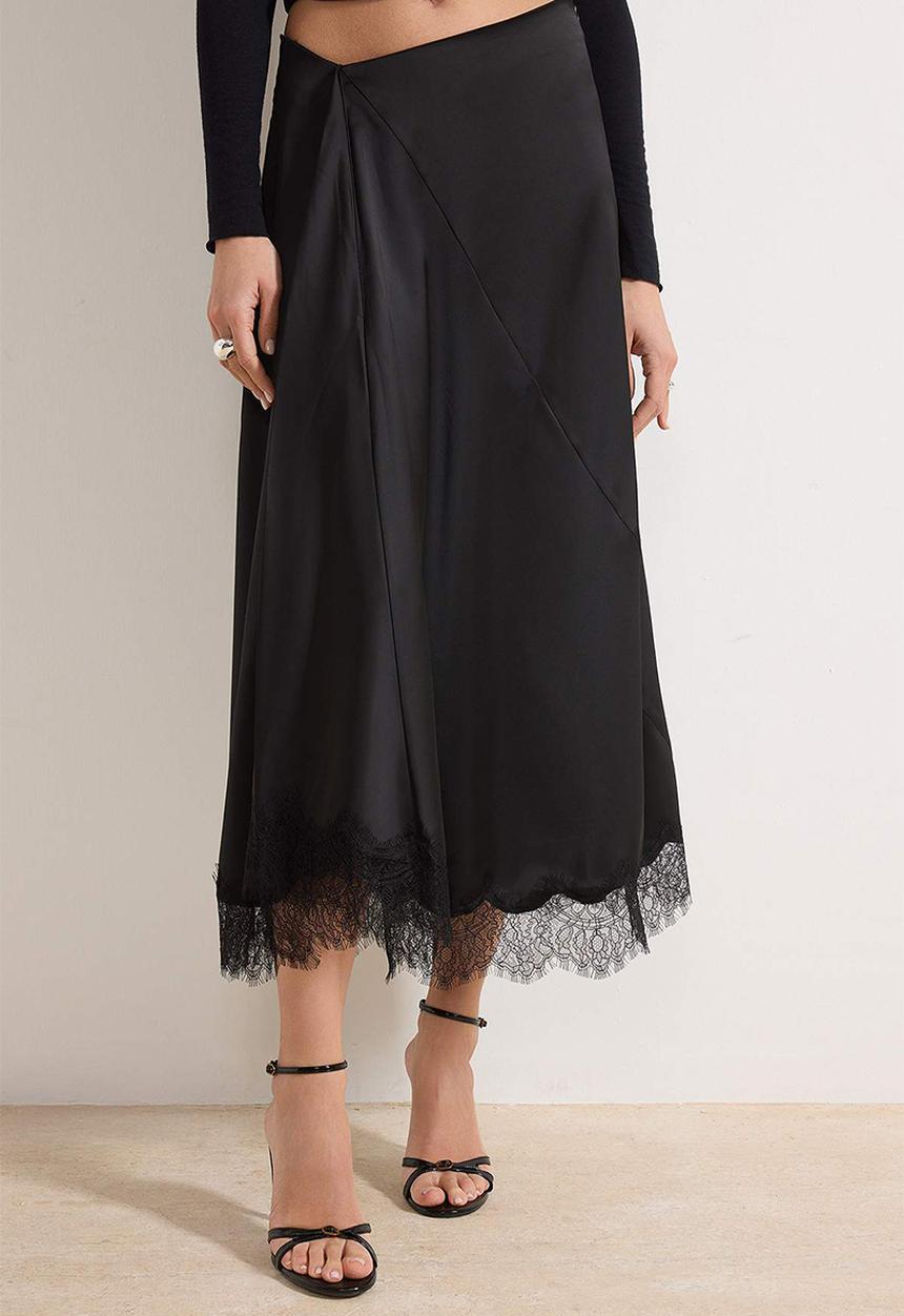Trendyol - Lace Panel Satin Skirt - Black