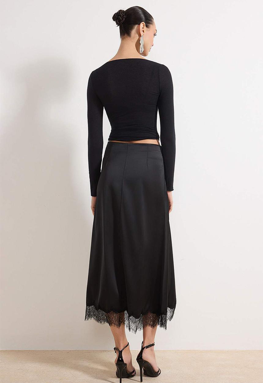 Trendyol - Lace Panel Satin Skirt - Black