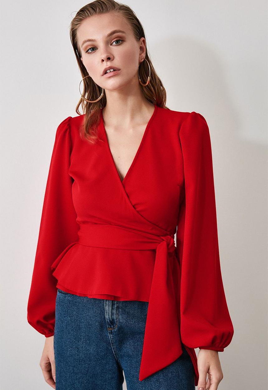 Trendyol - Double-Breasted Blouse with Tie Detail - Red