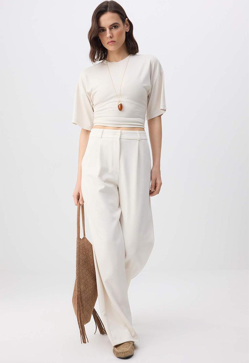 Trendyol - High Waist Pleated Wide Leg Pants - Ecru