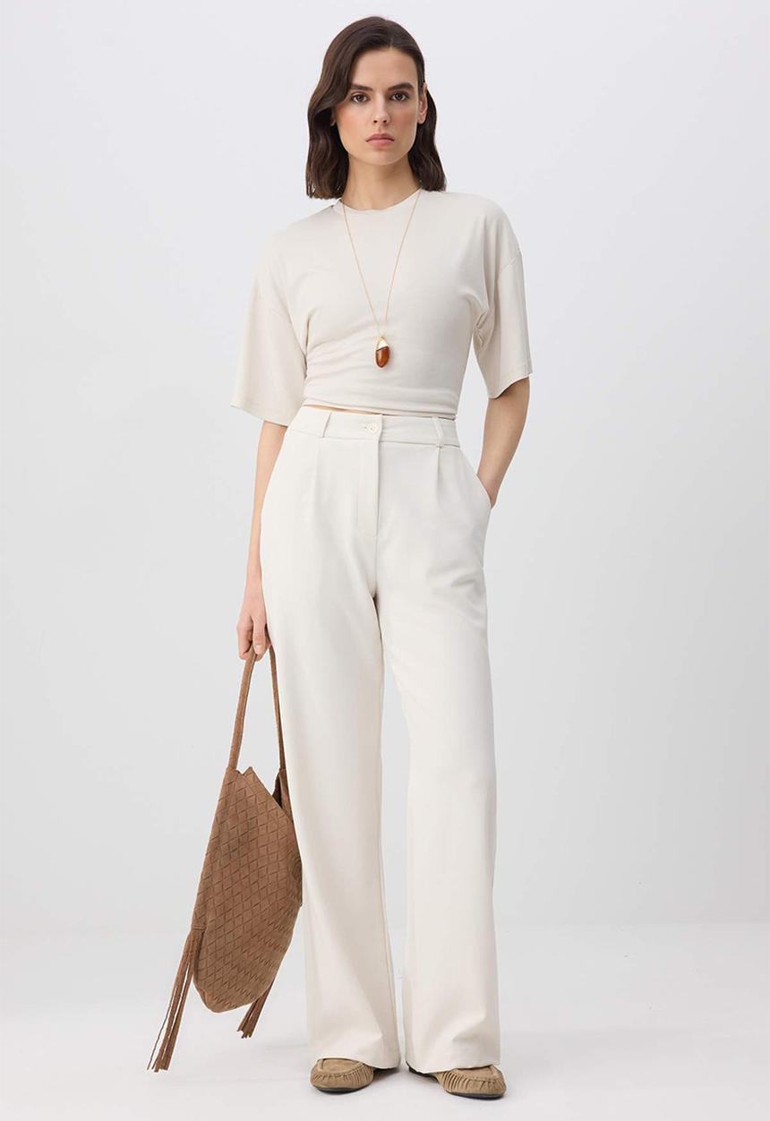 Trendyol - High Waist Pleated Wide Leg Pants - Ecru