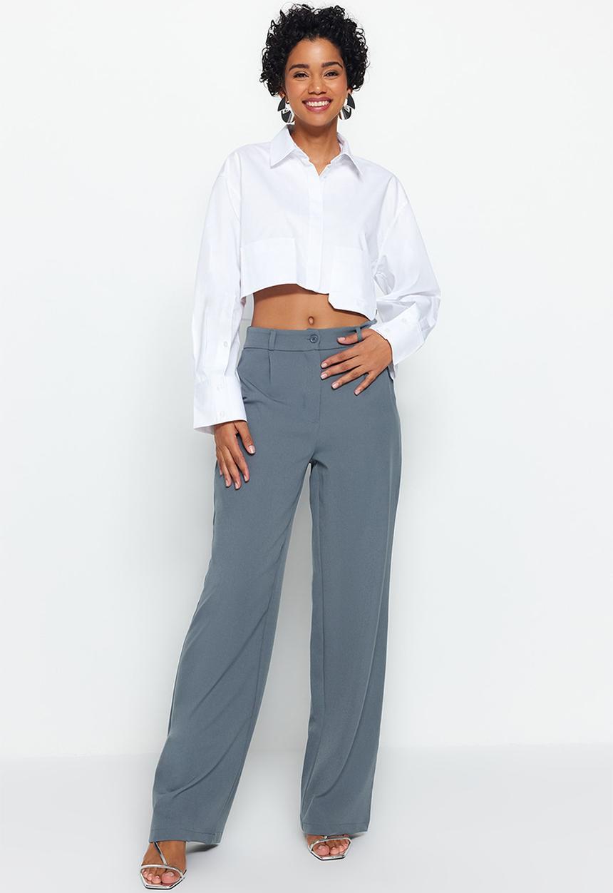 Trendyol - High Waist Pleated Wide Leg Pants - Indigo