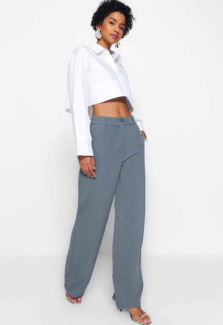 Trendyol - High Waist Pleated Wide Leg Pants - Indigo