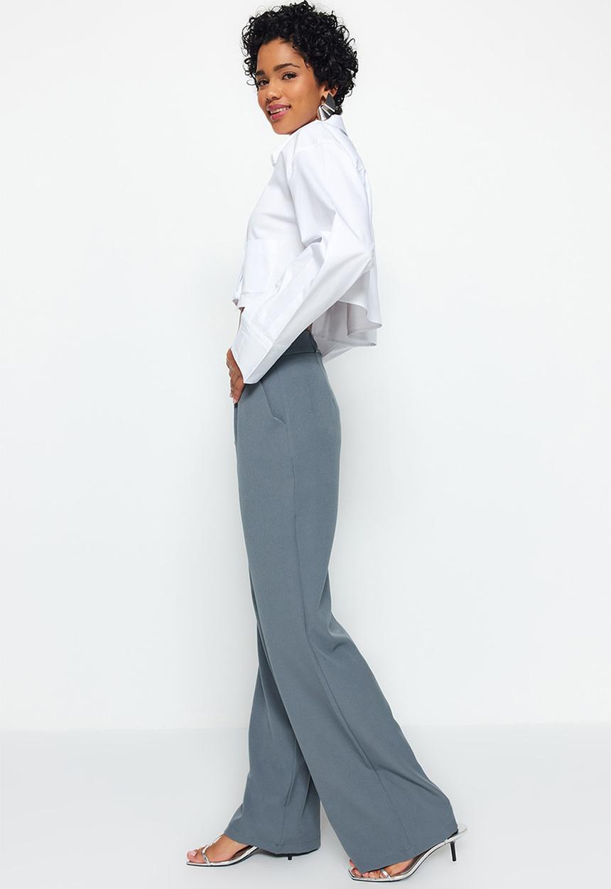 Trendyol - High Waist Pleated Wide Leg Pants - Indigo