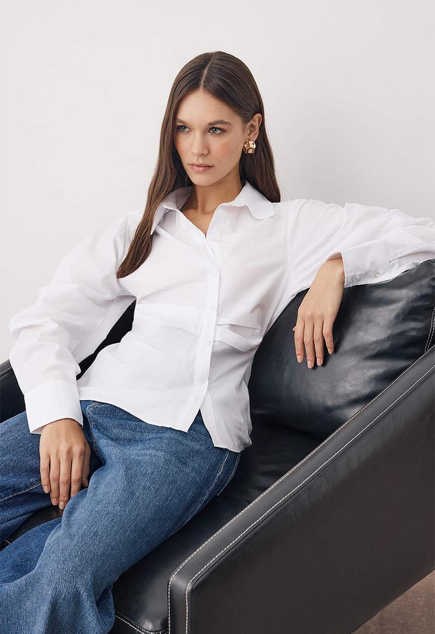 Trendyol - Balloon Sleeve Detailed Asymmetrical Fitted Shirt - White
