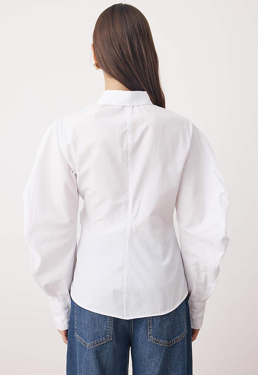 Trendyol - Balloon Sleeve Detailed Asymmetrical Fitted Shirt - White