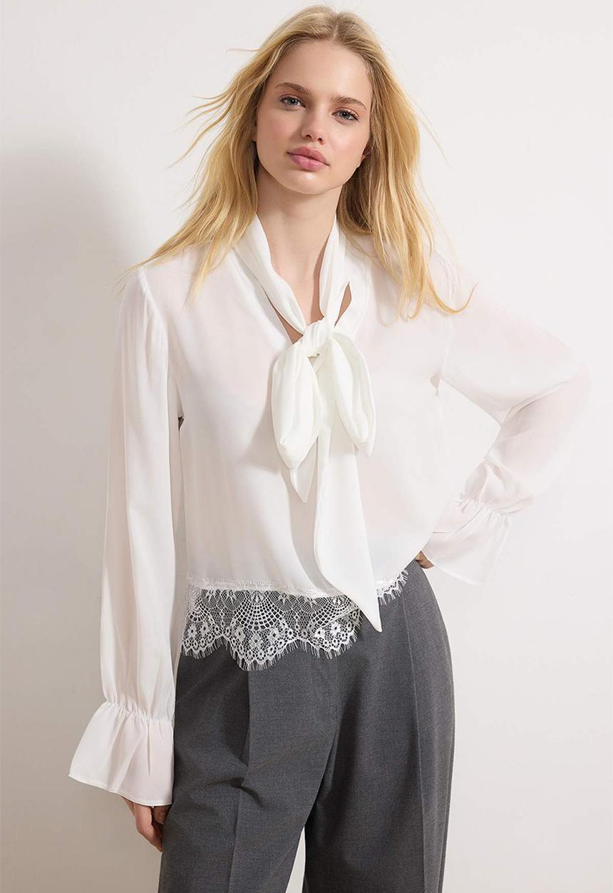 Trendyol - Woven Blouse with Scarf and Lace Detail - White