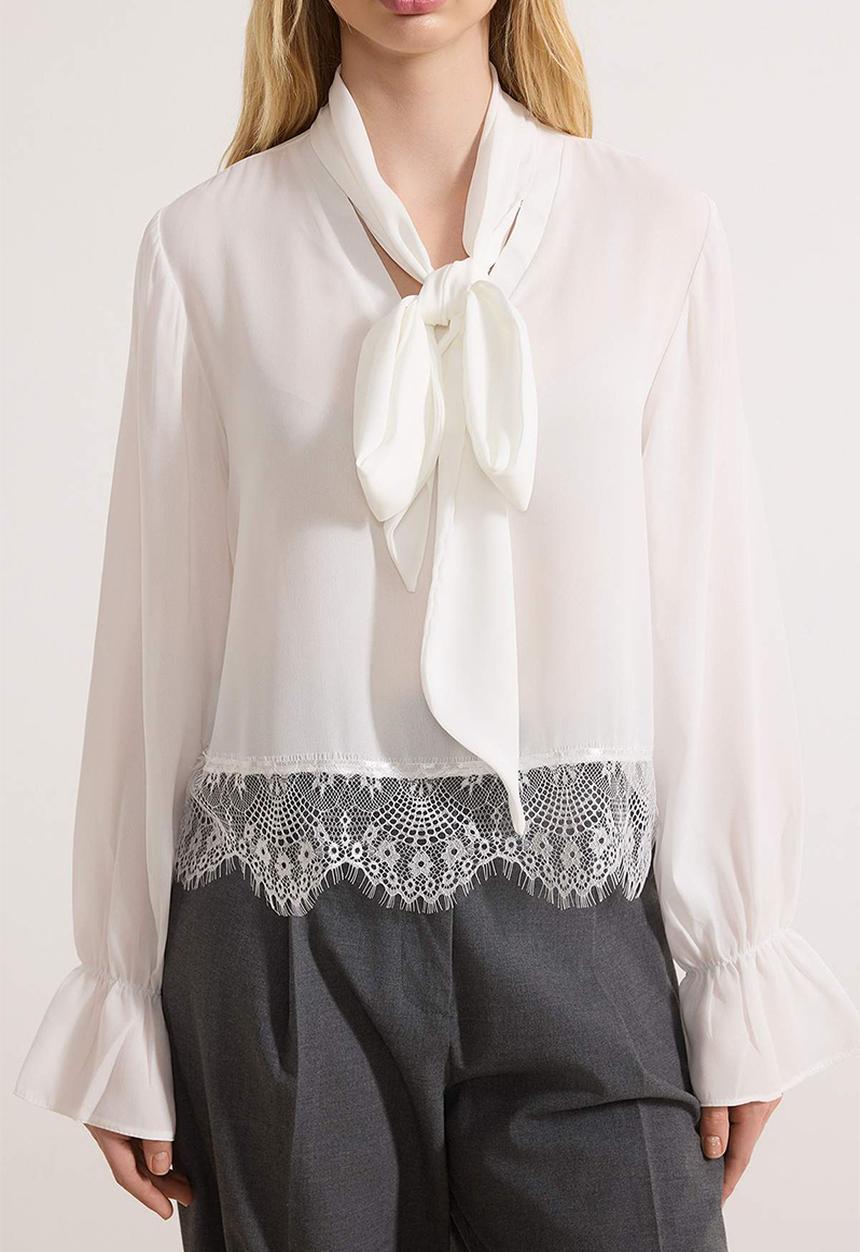Trendyol - Woven Blouse with Scarf and Lace Detail - White