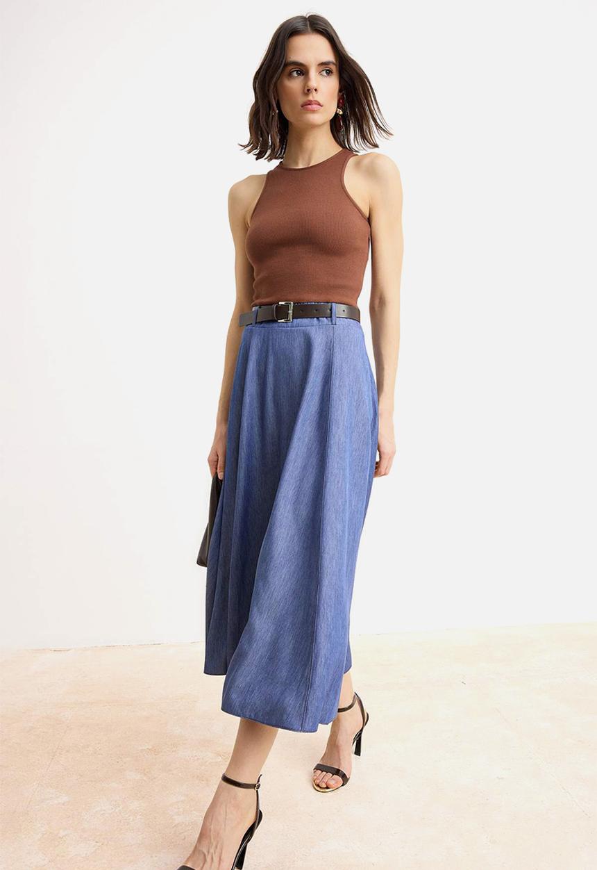 Trendyol - Belted Midi Top Knitted Skirt Denim Look Woven Dress - Multi