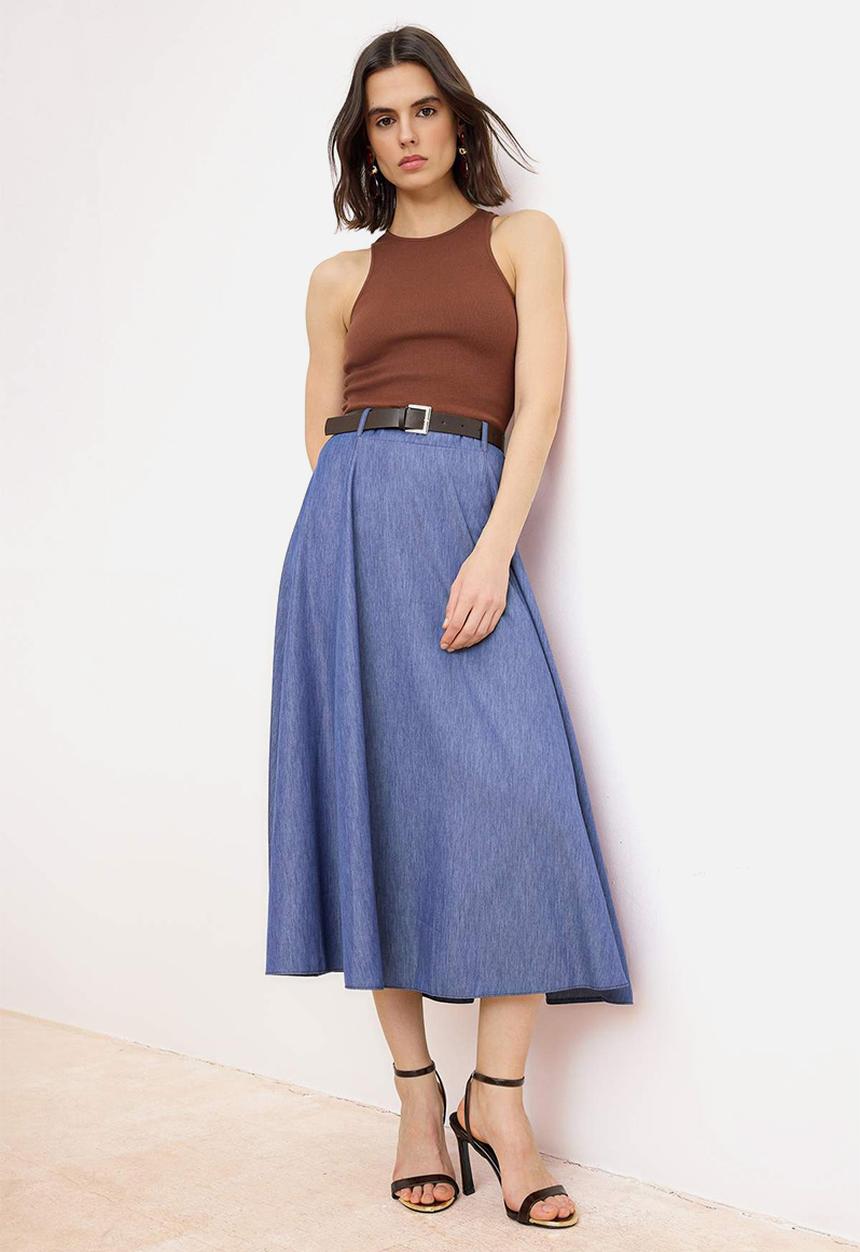 Trendyol - Belted Midi Top Knitted Skirt Denim Look Woven Dress - Multi