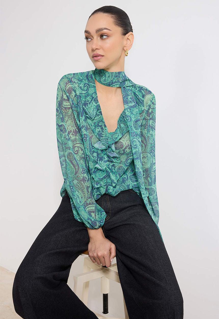Trendyol - Boho Chiffon Woven Blouse - Green