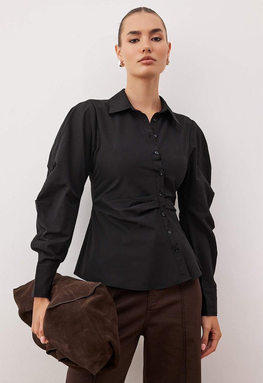 Trendyol - Balloon Sleeve Detailed Asymmetrical Shirt - Black