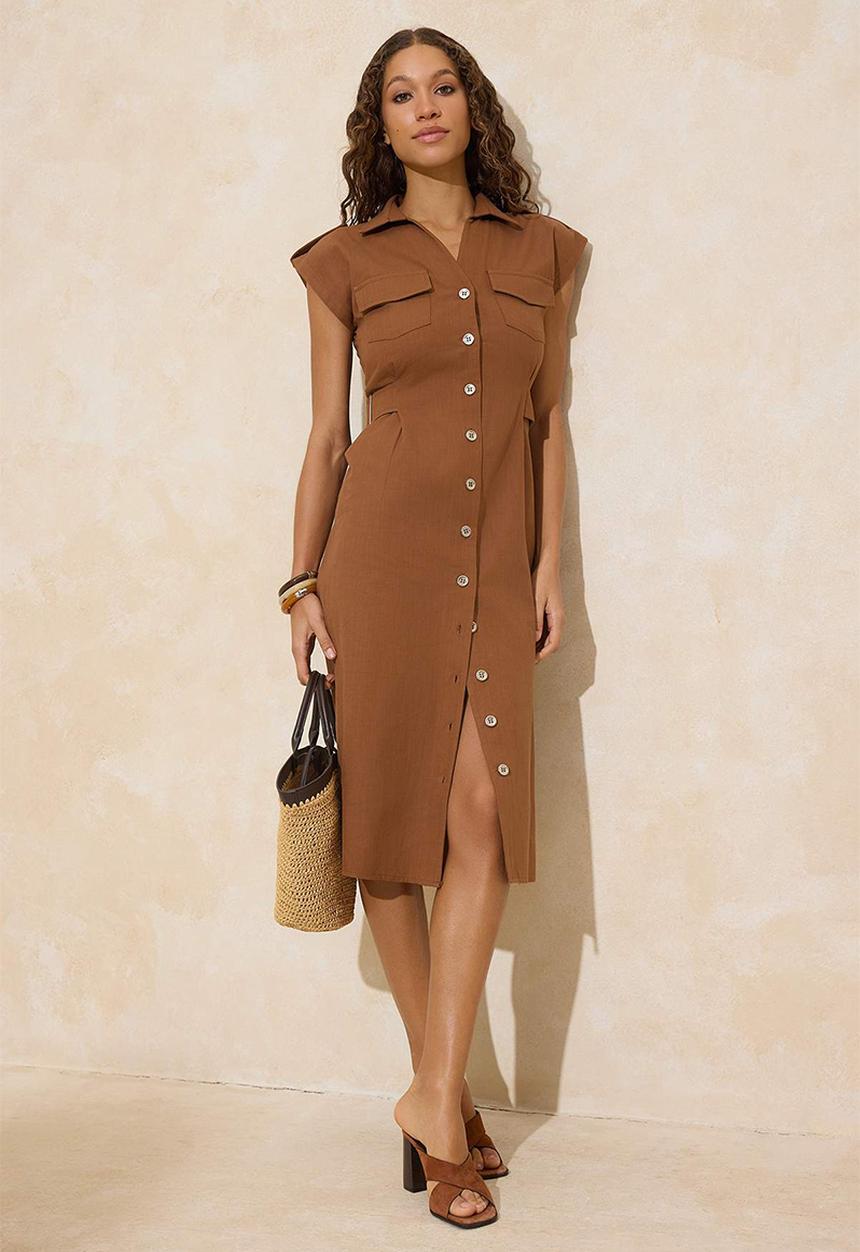 Trendyol - Plain Accessory Detailed Midi Woven Shirt Dress - Brown