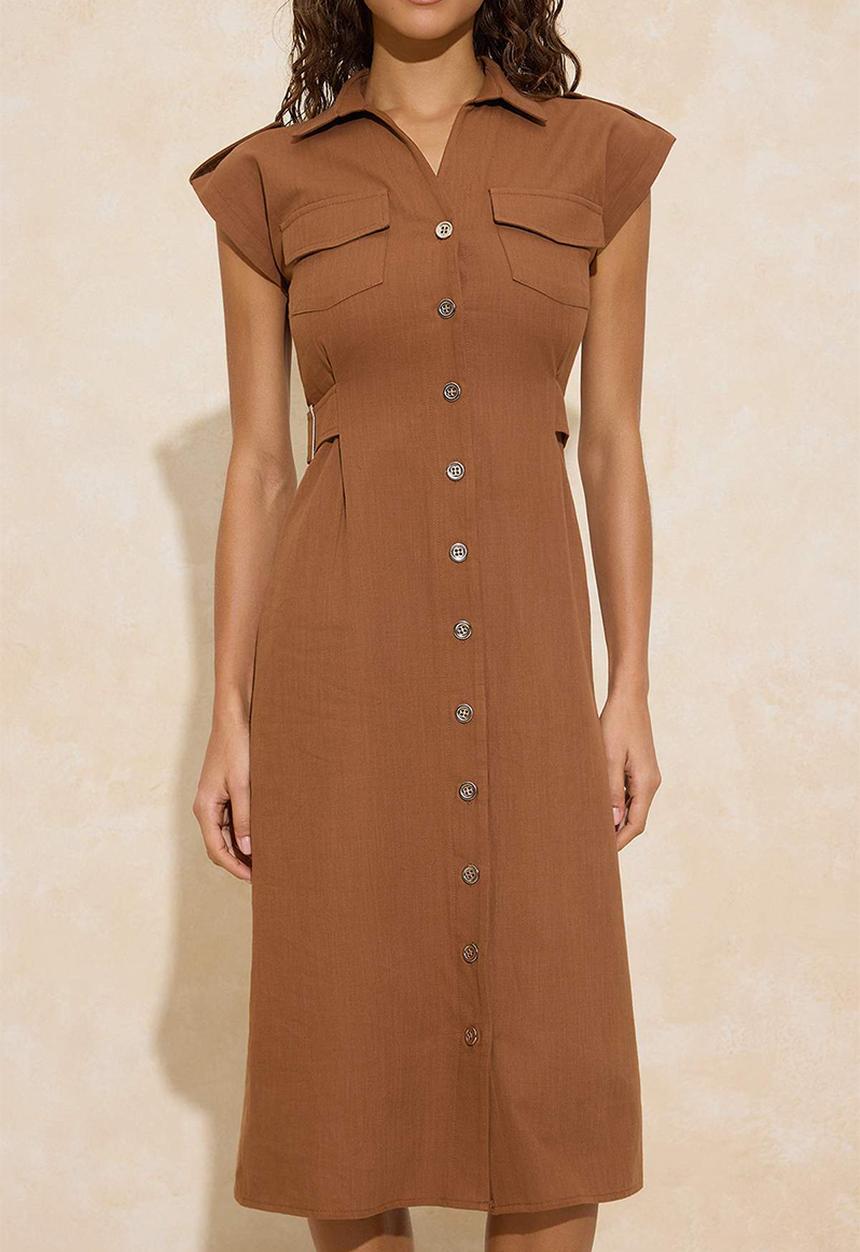 Trendyol - Plain Accessory Detailed Midi Woven Shirt Dress - Brown