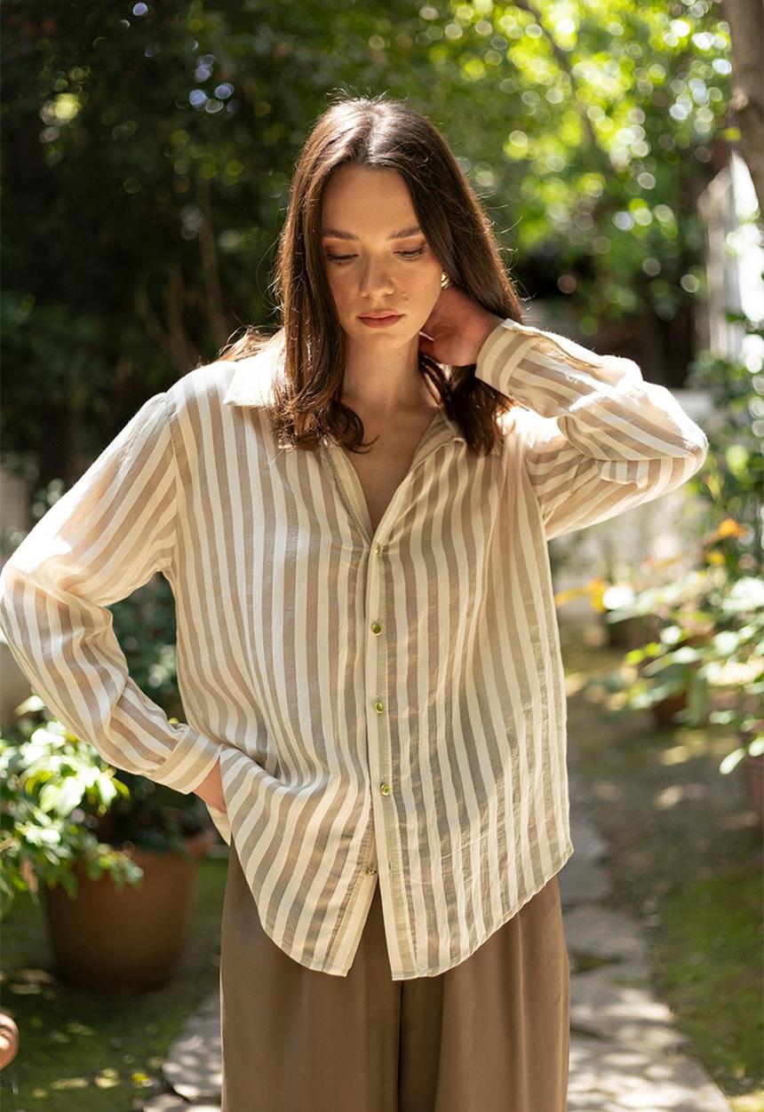 Trendyol - Fit Striped Woven Shirt - Beige