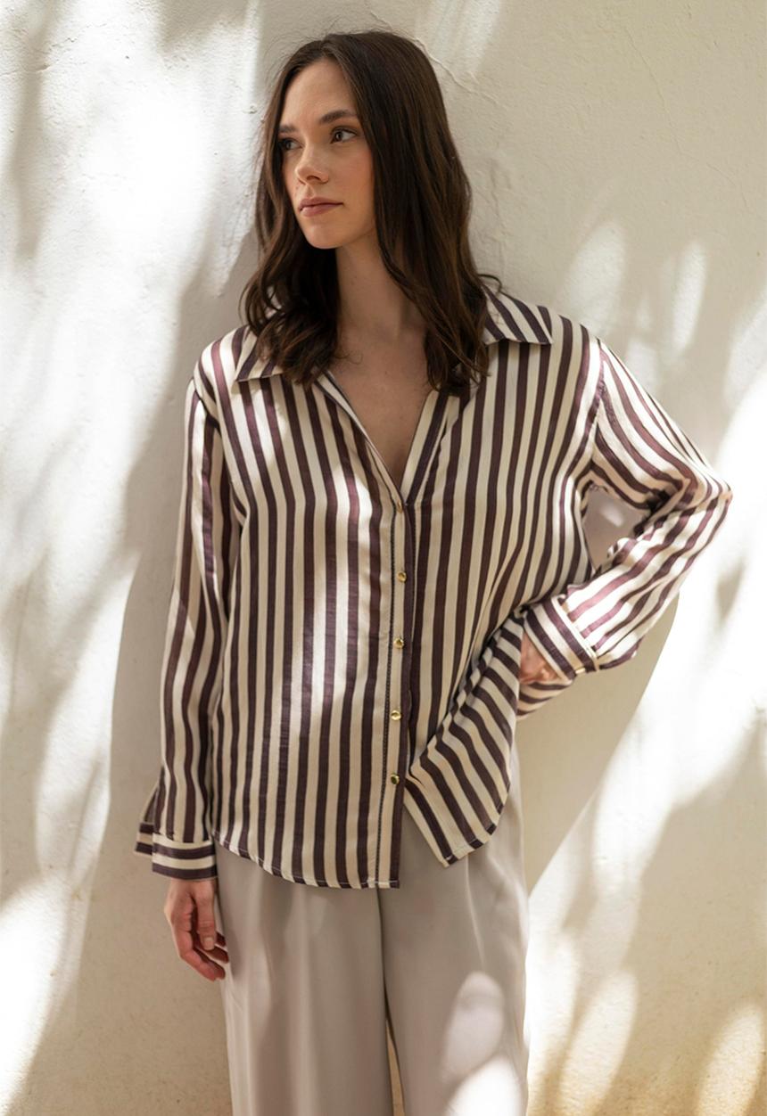 Trendyol - Fit Striped Woven Shirt - Beige