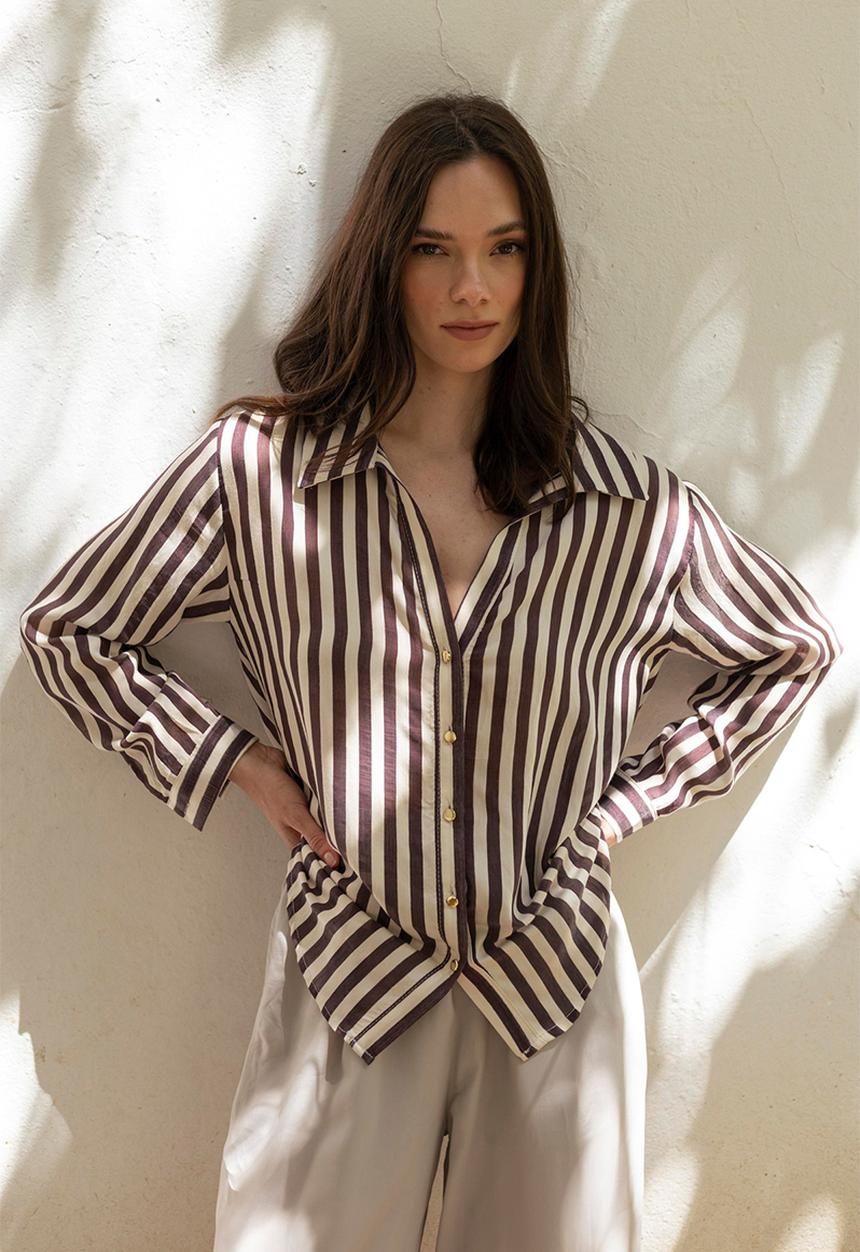 Trendyol - Fit Striped Woven Shirt - Beige