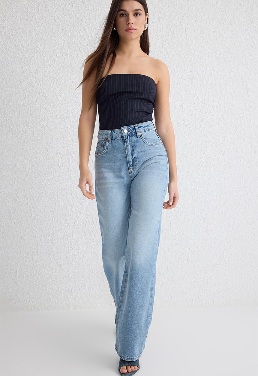 Trendyol - High Waist Wide Leg Jeans - Light Blue